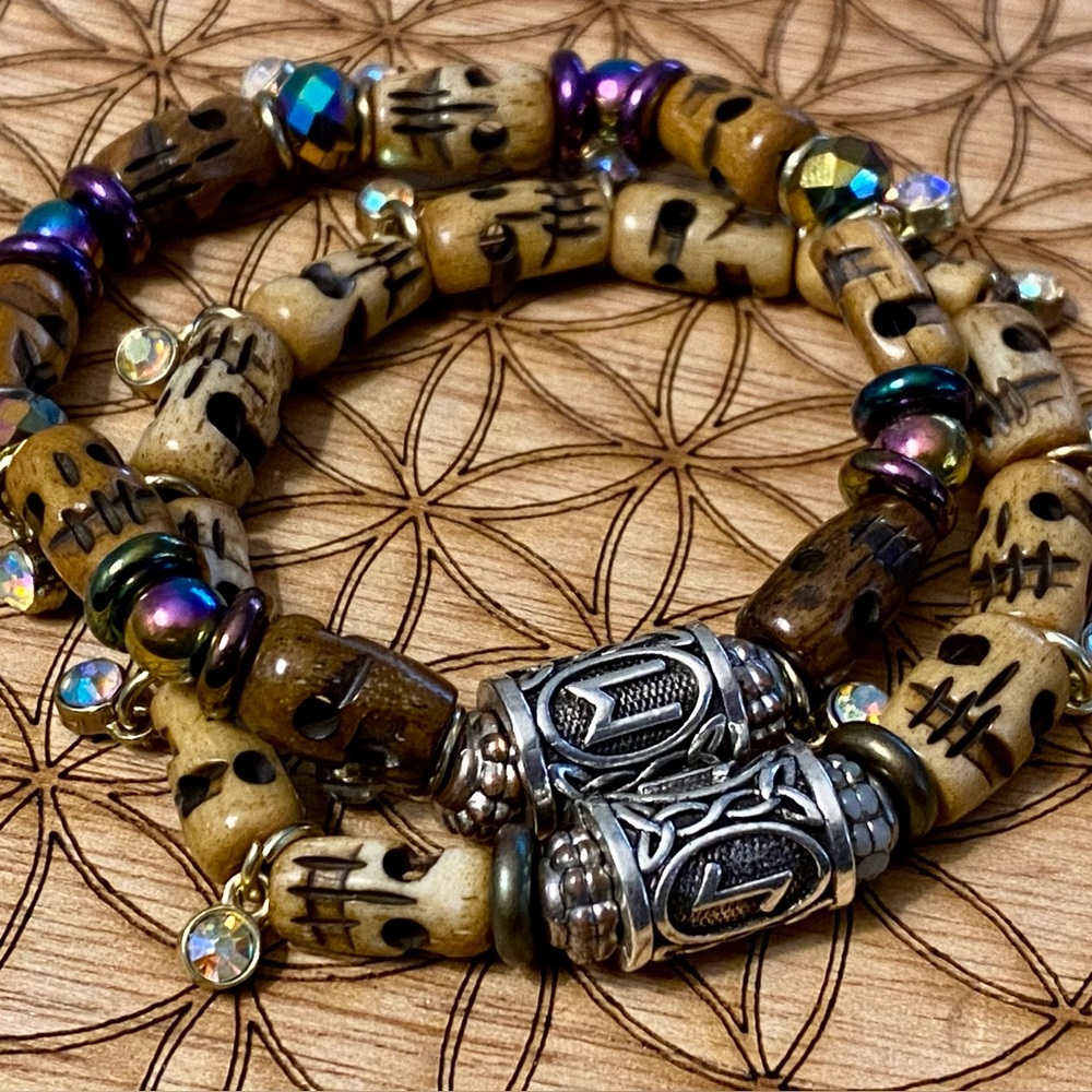 Handmade Carved Bone and Runes matching bracelet set